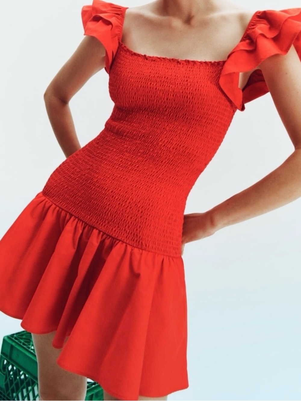 Zara Red Smocked Mini Dress with Ruffle Sleeves
